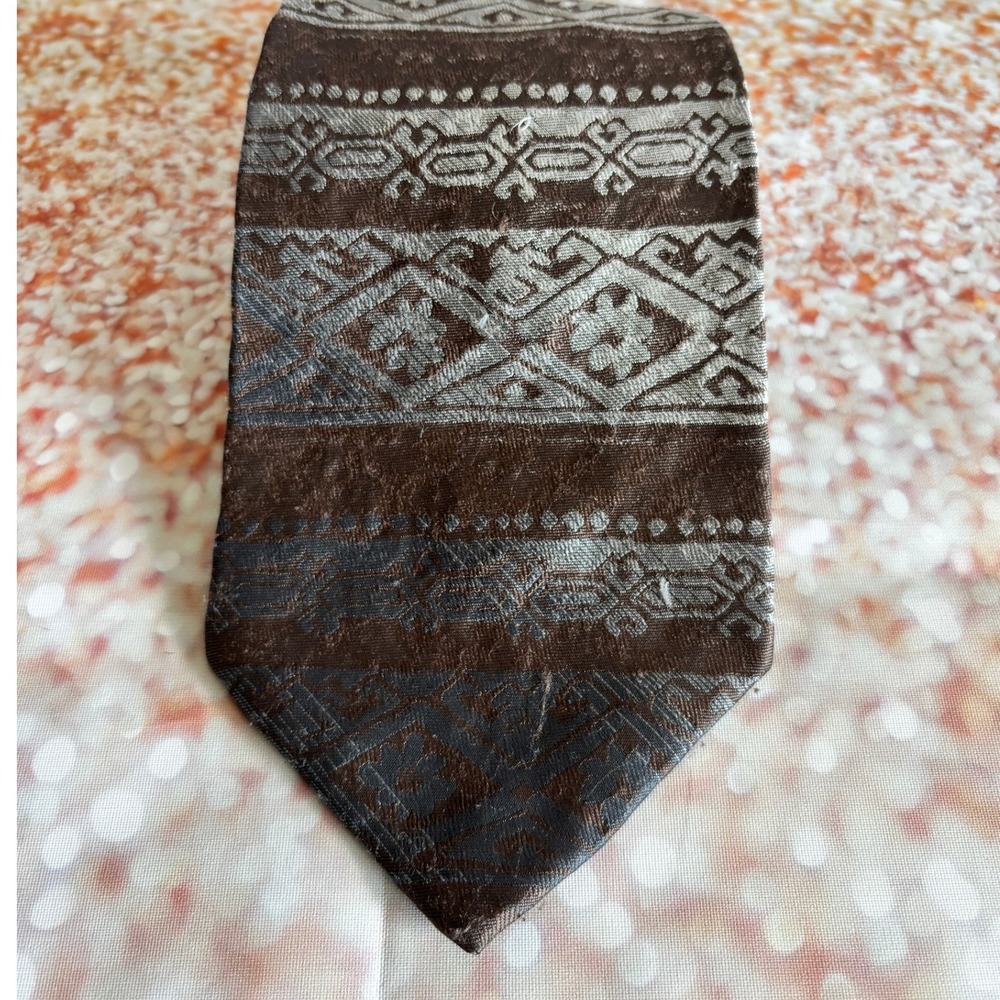 Windridge Mens Necktie Brown Silver Geometric Pattern Business Casual‎